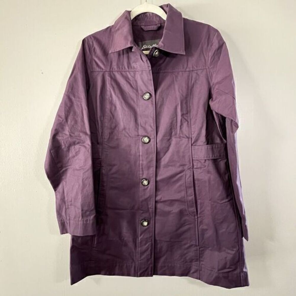 Eddie Bauer Womens M Cotton Classic Rain Trench Coat Jacket Button Up Eggplant